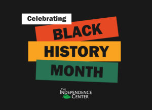 Over a black background four boxes are arranged vertically, colored white, red, yellow, and green from top to bottom. In the boxes are the words "Celebrating Black History Month." Below, the logo of The IC.